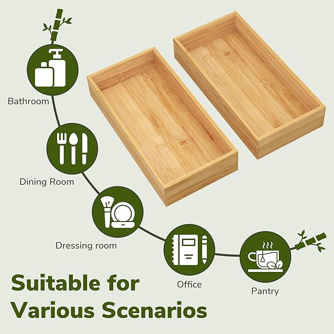 BAMEOS Deep Utensil Drawer Organizer, Bamboo Silverware Organizer for Kitchen Drawer Storage Flatware Junk Cutlery Jewelry 14"x 6.8" Set of 2 (Natural)-Ruum Studio Home