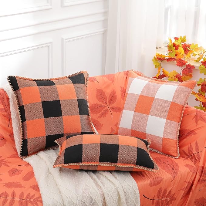decorUhome Fall Orange and Black Decorative Throw Pillow Covers 16x16 Set of 2, Buffalo Plaid Check Farmhouse Cushion Covers with Stitched Edge for Autumn Harvest Couch Sofa Bed Home Decor-Ruum Studio Home