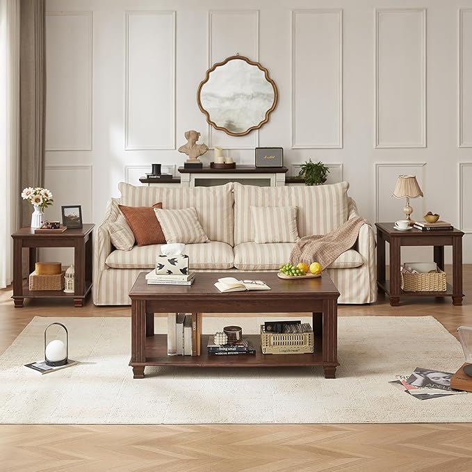 Farmhouse Coffee Tables for Living Room,Square Living Room Tables with Open Storage Shelf,Large Modern Coffee Table,Rustic Brown Center Table,Walnut-Ruum Studio Home