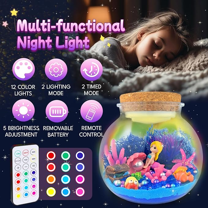 Mermaid Terrarium Craft Kit for Kids - LED Night Light Up & Remote Mermaid Birthday Gifts Toys for Girls Age 5 6 7 8 9 10 11 12 Year Old-Ruum Studio Home