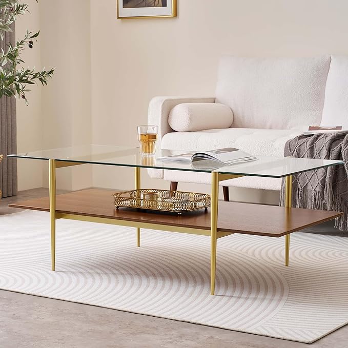X-Large Rectangle Glass Coffee Table, Mid-Century Modern Design, for Living Room, L47 x W24 x H17 Inch, Clear Glass Top and Walnut MDF Shelf, Sleek Conical Legs with Gold Finish Frame-Ruum Studio Home