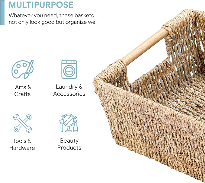 Natural Seagrass Storage Basket with Handle, Rectangular Woven Organizer Bin for Living Room or Shelf, Decorative Storage Basket, Medium Size 13.4 x 9.3 x 4.9 Inches-Ruum Studio Home