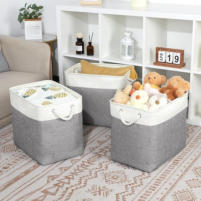 Bidtakay Extra Large Storage Baskets for Organizing 17x12x15.1 inch 3-Pack Fabric Closet Organizers Storage Bins with Handles Foldable Storage Baskets for Shelves Clothes XL-White&Grey-Ruum Studio Home
