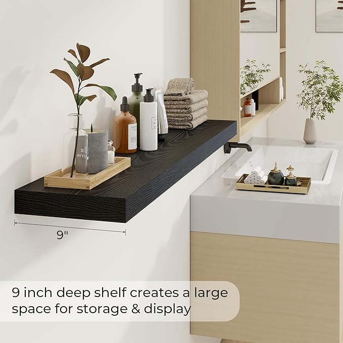 48 inch Floating Shelves for Wall Large Wall Mounted Shelves with Invisible Brackets, Black Long Shelves for Bathroom, Living Room, Kitchen, Office, 48x9.1 inch deep Set of 2-Ruum Studio Home