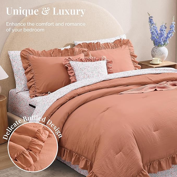 King Comforter Set - 7 Pieces Ruffle Autumn Leaf Bedding Sets, Shabby Chic Farmhouse Bed in a Bag King with Ruffle Comforter, Floral Sheets, Pillowcases & Shams-Ruum Studio Home
