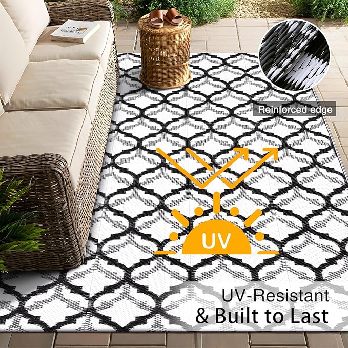 OLANLY Reversible Outdoor Rug 5x8 ft Clearance, Waterproof Outdoor Plastic Straw Rug with Interlacing Pattern, RV Mat for Patio, Camping, Balcony, Deck, Backyard, Black & White-Ruum Studio Home