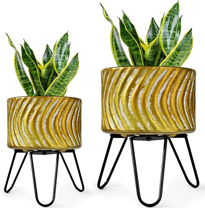 Harvest Land Plant Pots with Stand, Set of 2 Large Modern Planters Metal Tall Handmade Flower Pots with Drainage Holes Indoor Outdoor,Gold-Ruum Studio Home
