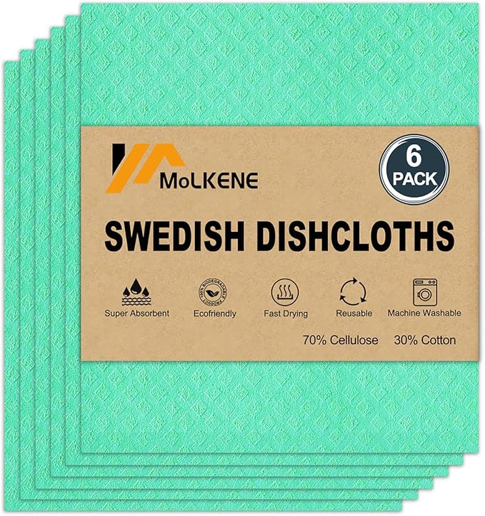 Swedish Dishcloths for Kitchen | 6 Pack Absorbent Cellulose Sponge Cloths Washable | Non-Scratch Reusable Paper Towels Quick Drying Cleaning Cloths - Green-Ruum Studio Home