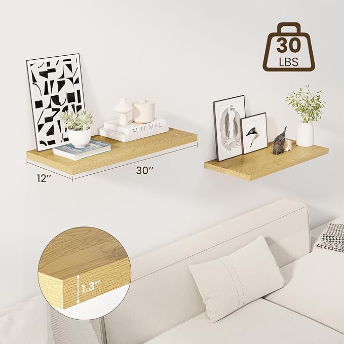 30" Floating Shelves for Wall, 12" Deep Slim Oak Floating Shelves, Wall-Mounted Shelves for Bedroom, Living Room, Kitchen, Bathroom - Set of 2-Ruum Studio Home