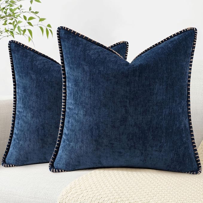 decorUhome Chenille Soft Throw Pillow Covers 16x16 Set of 2, Farmhouse Velvet Neutral Decorative Euro Pillow Covers with Stitched Edge for Couch Sofa Bed Home Decor, Poseidon-Ruum Studio Home