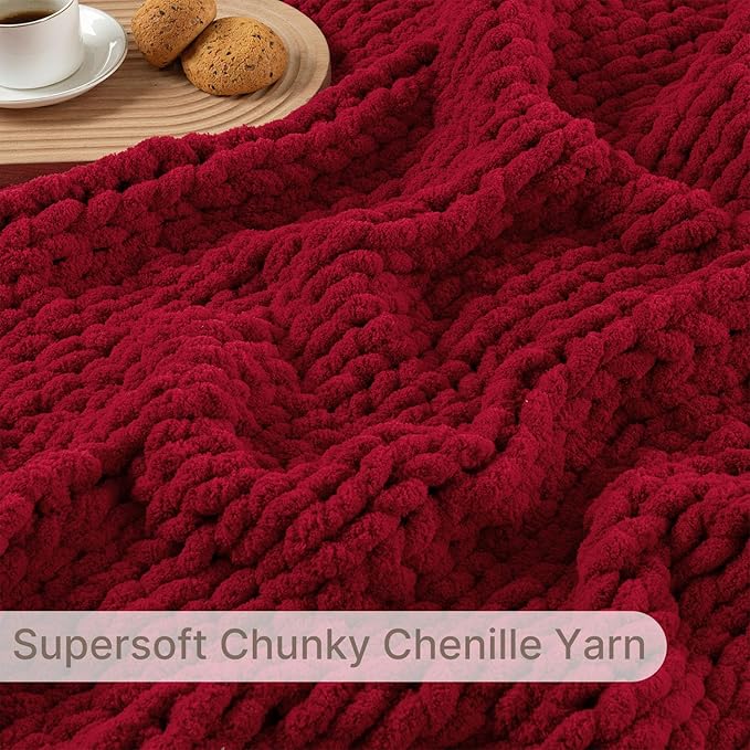 Chunky Knit Blanket Throw, 100% Hand Knit Throw Blanket Handmade Chenille Cable Knit Throw for Couch, Stylish Cozy Soft Rope Knot Crochet Blanket for Home Decor, Red, 50x60 Inches-Ruum Studio Home
