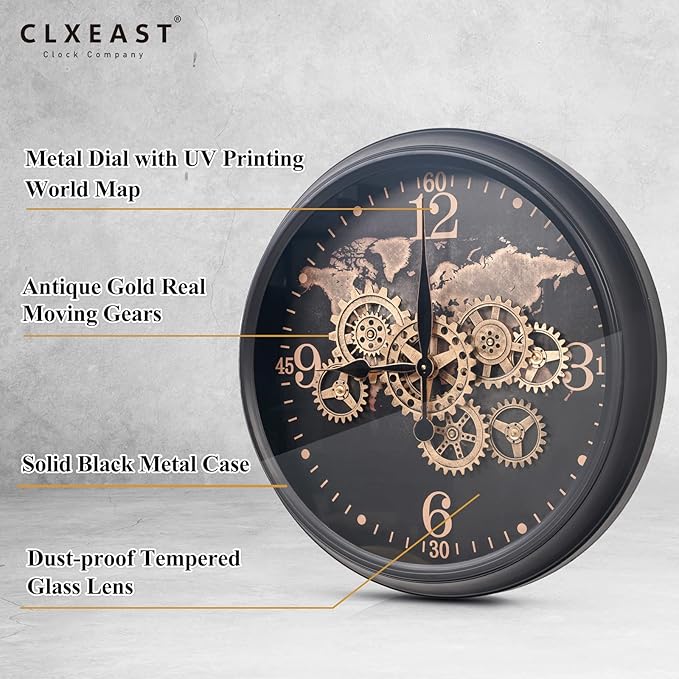 CLXEAST 24 Inch Moving Gear Wall Clock with World Map Pattern,Large Black Gold Metal Wall Clock for Modern Farmhouse Living Room Decor,Reloj De Pared para Sala-Ruum Studio Home
