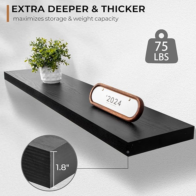 Floating Shelves - 10.3 Inch Deep Wall Shelf for Decor & Storage - Wall Mounted Display Shelving with Invisible Heavy-Duty Metal Bracket - 48" W x 10.3" D x 1.8" H - Set of 1 - Rustic Black-Ruum Studio Home