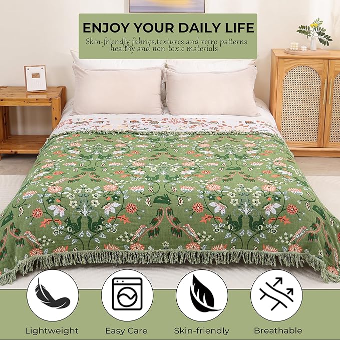 Boho Throw Blanket for Bed, 100% Cotton Ultra Soft Rustic Quilt King Blanket Florals and Animals Printed Farmhouse Decor Large Bed Blankets,90"×98" All Season Rustic Throw for Sofa Couch Chair-Ruum Studio Home