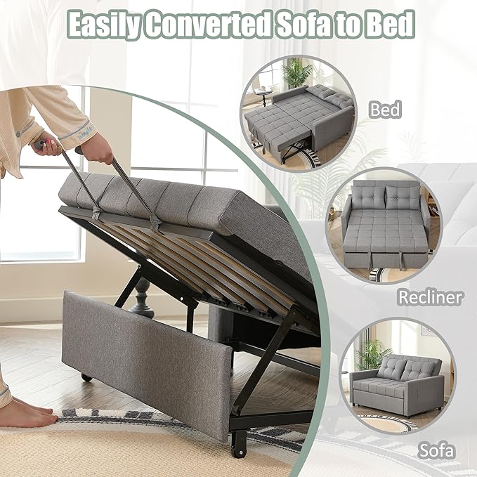 52" Sleeper Sofa with Pull-Out Bed, 3-in-1 Convertible Sofa Bed, Loveseat with Stepless Adjustable Backrest and Side Pocket, for Living Room Dorm Apartment, Linen, Light Gray-Ruum Studio Home