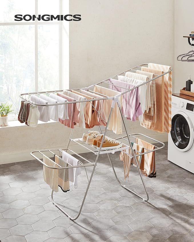 SONGMICS Clothes Drying Rack, Foldable 2-Level Laundry Drying Rack, Free-Standing Laundry Airer, with Height-Adjustable Wings, 33 Drying Rails, Sock Clips, Silver and White ULLR053W01V1-Ruum Studio Home