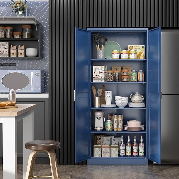Kitchen Pantry Cabinet,71”Blue Metal Pantry Storage Cabinets with Doors and 4 Adjustable Shelves,Kitchen Cabinet with 2 Gold Handles,Tall Cabinet for Livingroom,-Ruum Studio Home