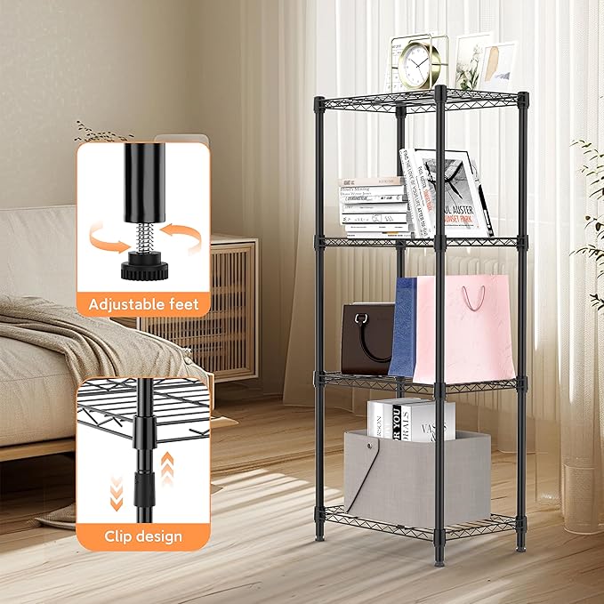 4 Tiers Shelf Metal Storage Shelves Wire Rack Closet Organizers with Wheel for Garage Kitchen Bathroom Laundry Black 11.8" D x 17.7" W x 41.9" H-Ruum Studio Home