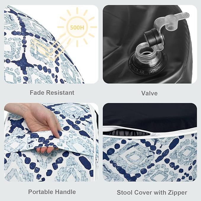 LVTXIII Outdoor Inflatable Ottoman, Fade-Resistant Round Footrest Stool D31”x H14”, Portable Patio Pouf for Garden Camping or Home Use, Boho Geometry Blue-Ruum Studio Home