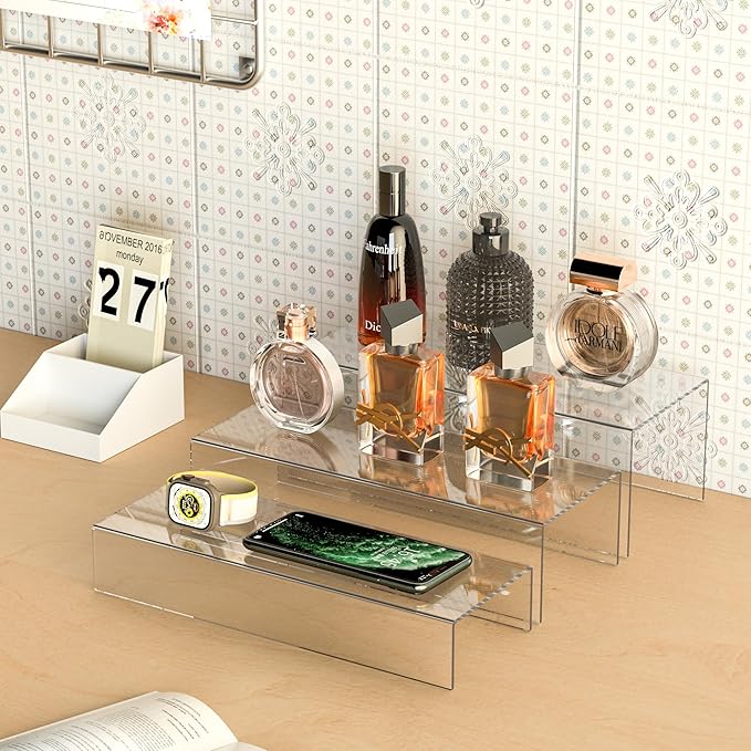 Clear Riser Display Shelf 3pcs, Desktop Rectangular Acrylic Display Shelves Storage Organizer, Acrylic Stands for Funko Pop Figure, Bags, Shoes, Spice Jars, Skincare, Cosmetics - 12-2'', 3'',-Ruum Studio Home