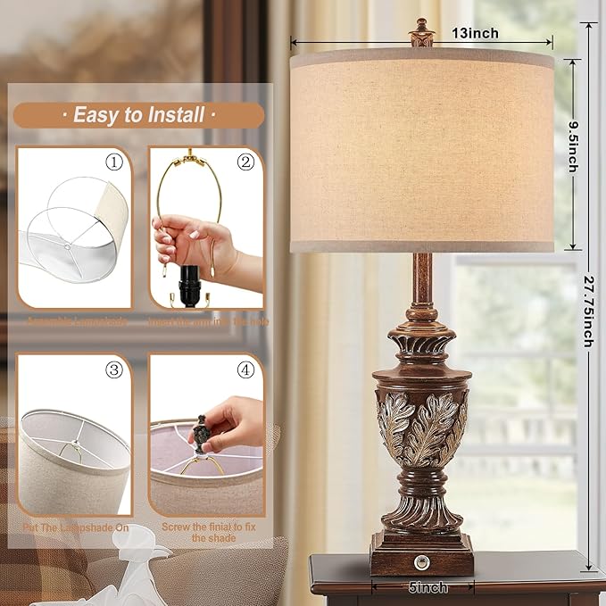 Farmhouse 3-Way Dimmable Touch Table Lamp Set of 2 for Bedroom Living Room with USB A+C Charging Ports 27.75" Tall Rustic Traditional Nightstand Bedside Lamps Brown End Table Lamp (2 Bulbs Included)-Ruum Studio Home