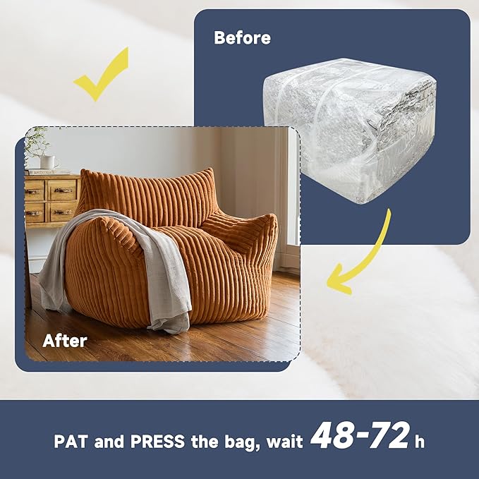 Oversized Bean Bag Chair for Adults, Giant Comfy Plush Boneless Bean Bag Couch with Filler for Kids - Reading Chair for Living Room, Bedroom & Dorm, Single Accent Chair Floor Lounger, Orange-Ruum Studio Home