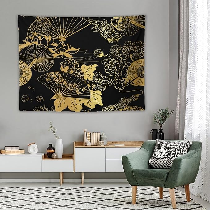 HZOHNAGO Japanese Tapestry Gold Flowers Umbrella Fan Pattern Printed Wall Tapestry Painting Wall Hanging for Bedroom Living Room Dorm 80" W x 60" H-Ruum Studio Home