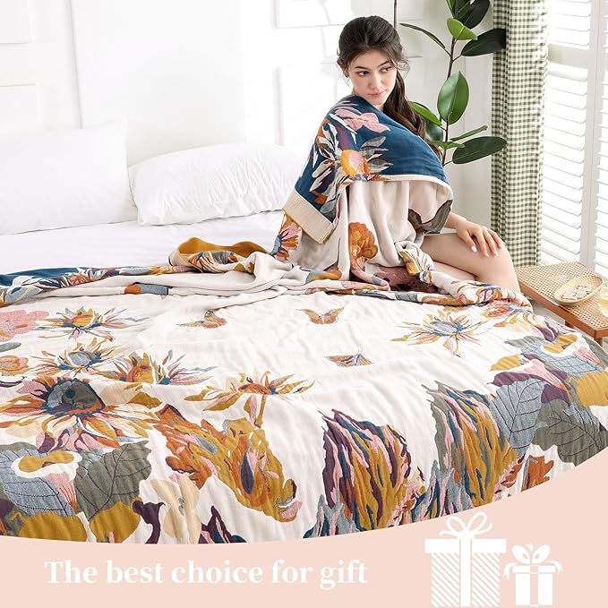 Boho Throw Blanket for Bed - 100% Pure Cotton Ultra Soft Rustic Quilt - Farmhouse Decor Bed Blankets, All Season Rustic Throw for Sofa Couch Chair(80''x 90'', Floral)-Ruum Studio Home