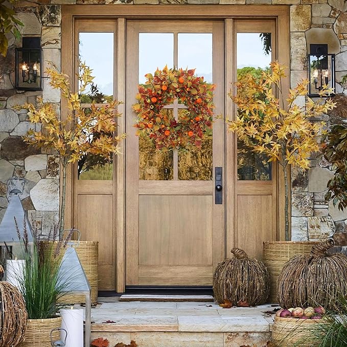 22 inch Artificial Fall Wreaths for Front Door,Autumn Wreath with Pumpkin and Maple Leaves Suitable for Indoor Outdoor Wall Porch Harvest Festival Thanksgiving Day Farmhouse Holiday Decor.-Ruum Studio Home