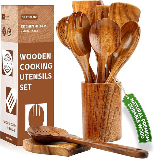 SPATUAMZ Wooden Spoons for Cooking, Teak Wood Kitchen Utensil Set for Nonstick Cookware, Durable Cooking Spatulas Set of 9 with Holder and Spoon Rest-Ruum Studio Home