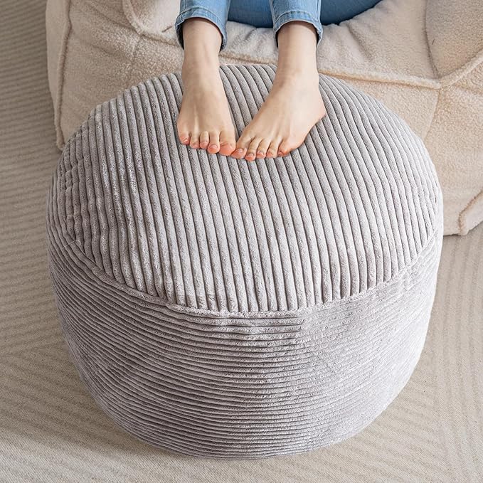 HIGOGOGO Round Stuffed Pouf Ottoman, Corduroy Poufs with Foam Chunk Filling, Furry and Fluffy Pouf Foot Stool Storage Ottoman, 20 X 15 Floor Poufs Foot Rest for Living Room, Grey-Ruum Studio Home