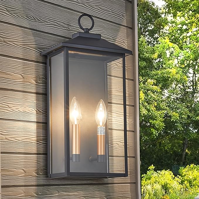 18 Inch Wall Light in Clear Glass and Textured Black and Golden Candle Cap Sleeve,Outdoor Lighting Wall Sconce,2-Light 120watts for House Doorway Garage,Bulb Not Included.-Ruum Studio Home