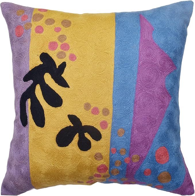 Matisse Gold Pillow Cover Purple Modern Pillowscase Chair Cushion Abstract Farmhouse Flower Outdoor Mid Century Hand Embroidered Wool Size 18x18-Ruum Studio Home