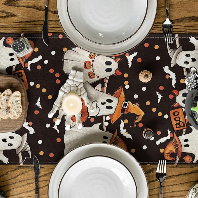 Artoid Mode Ghost Jack-O'-Lantern Black Cat Halloween Table Runner,Holiday Kitchen Dining Table Decoration for Home Party Decor 13 x 90 Inch-Ruum Studio Home