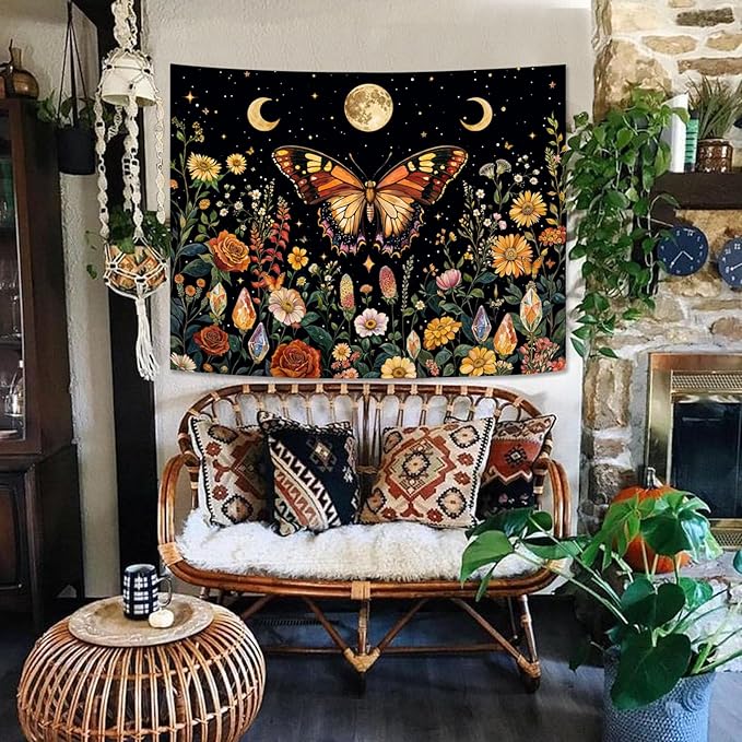 Lunerfex Boho Butterfly Tapestry Flower Moon Wall Tapestry, Moon Phases Tapestries for Bedroom Cute Tapestries Wall Hanging for Bedroom Living Room Decor Butterfly-2 44"x60"-Ruum Studio Home
