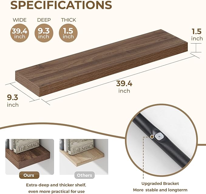Dreamland 40 Inches Floating Shelves for Wall, 9.3" Deep Long Floating Shelves Set of 2, Large Display & Storage Shelf, Wall Shelf for Bathroom Bedroom Living Room Kitchen Office, Walnut-Ruum Studio Home