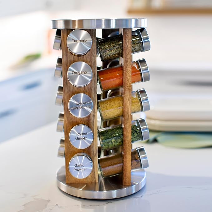 Orii 20 Jar Spice Rack with Spices Included - Tower Organizer for Kitchen Spices and Seasonings, (Natural Acacia Wood)-Ruum Studio Home