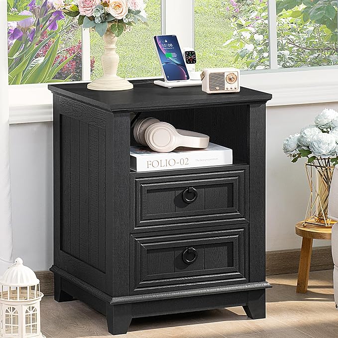18" Farmhouse Night Stand with Charging Station, 2 Drawers End Table Dresser for Bedroom, Black Wooden Nightstand, Bed Side Table with Open Shelf, Bedside Cabinet for Living Room, Closet-Ruum Studio Home