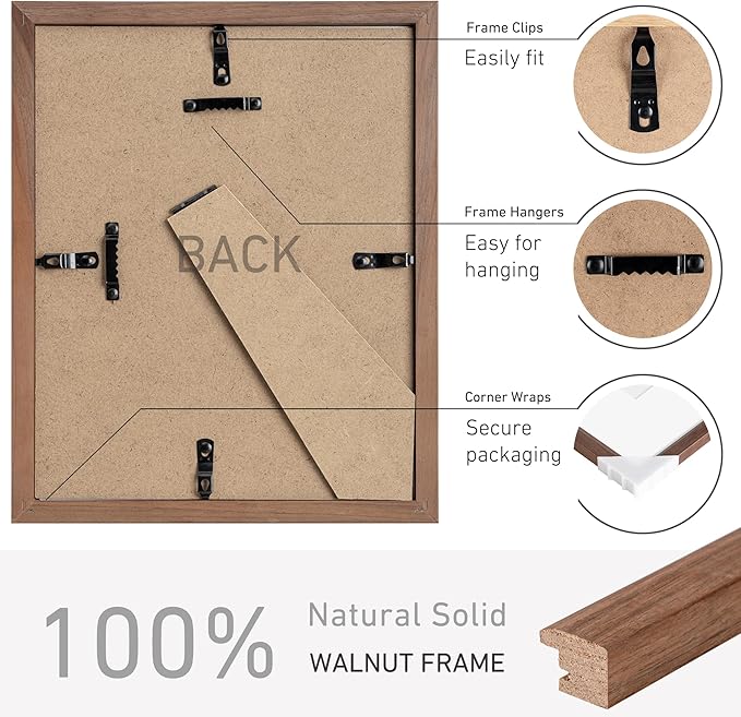 8x10 Picture Frame Set of 4 Natural Solid Walnut Photo Frames with 5x7 Removable Mat Wall Hanging Large Handcrafted Frame with HD Plexiglass Wall and Tabletop Display Large Poster Frame-Ruum Studio Home