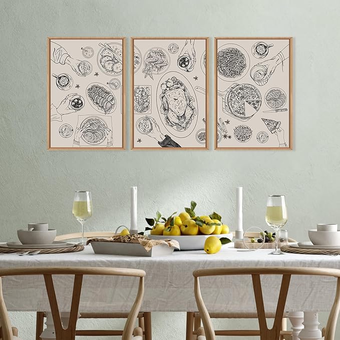 HPINUB Vintage Food and Drink Framed Canvas Wall Art Set,Sketch Pizza Cheers Wall Decor,Thanksgiving Dinner Turkey Artwork,Black and white Art Prints for Kitchen,Dining Room,Gatherings Decor-16"x24"x3-Ruum Studio Home