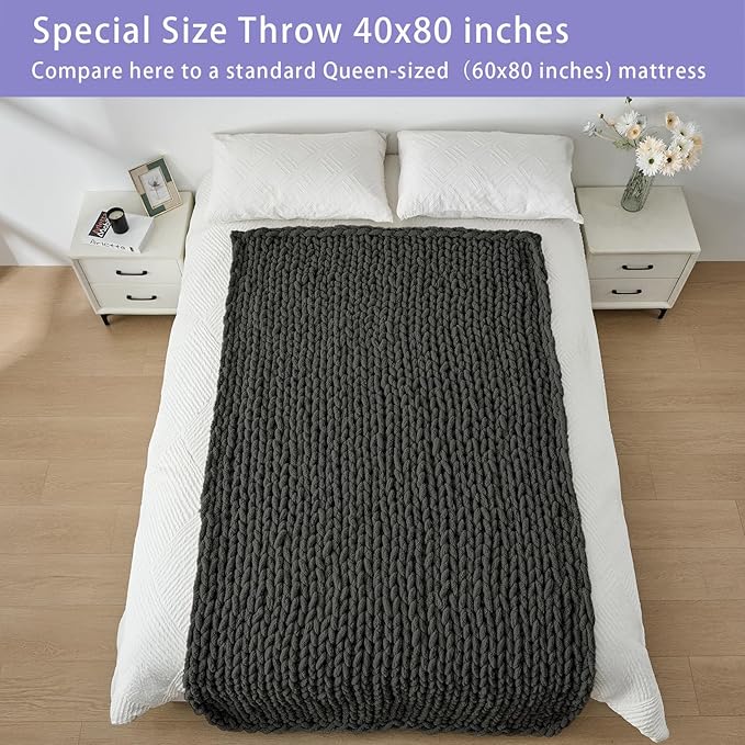 Bigacogo Chunky Knit Throw Blanket for Couch, 40x80 inches, 100% Hand Knitted with Thick Jumbo Chenille Yarn, Cozy Soft Large Rope Knot Cable Crochet Blankets for Sofa Bed Living Room, Dark Grey-Ruum Studio Home