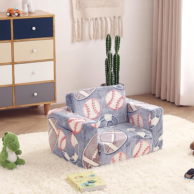 Toddler Chair Kids Couch, 2-in-1 Toddler Soft Sherpa Couch Fold Out Armchair Glow in The Dark with Removable Cover, Convertible Reading Chair Toddler Sofa for Kids, Football-Ruum Studio Home
