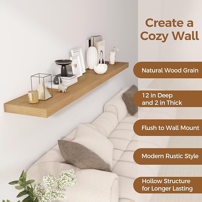 Fun Memories 72 Inch Floating Shelf, 12 Inch Deep Wall Shelf for Fireplace Mantel, Deep Storage Shelves for Home & Office, Wall Shelves with Invisible Bracket, Oak, Set of 1-Ruum Studio Home