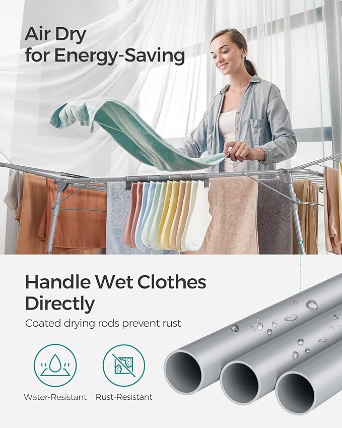 SONGMICS Clothes Drying Rack Foldable, Gullwing Laundry Drying Rack, Space-Saving, 22.2 x 68.1 x 38 Inches, Sock Clips, Metal Structure, for Clothes, Towels, Linens, Indoor, Outdoor Gray ULLR518G01-Ruum Studio Home