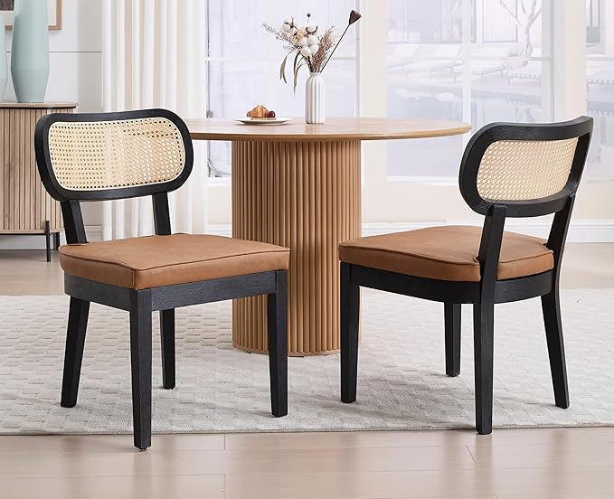 EALSON Mid Century Modern Rattan Dining Chairs Set of 2 Farmhouse Black Wood Kitchen Chairs with Cane Back Leather Upholstered Accent Armless Chairs for Dining/Living Room Restaurant, Brown-Ruum Studio Home
