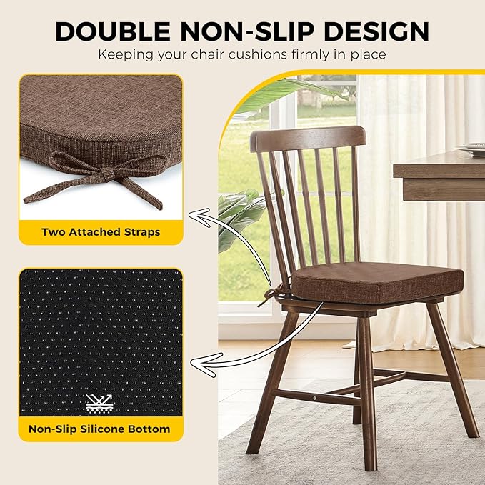 downluxe Indoor Chair Cushions for Dining Chairs, Soft and Comfortable Textured Foam Kitchen Chair Pads with Ties and Non-Slip Backing, 16" x 16" x 2", Brown, 6 Pack-Ruum Studio Home