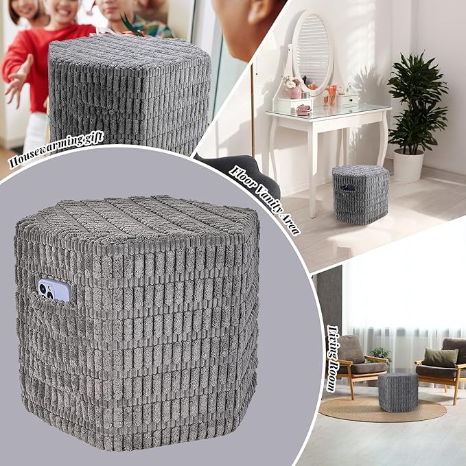Hexagon Pouf Ottoman Stuffed with 2 Pockets & Handle, Comfort Corduroy Poufs, Non-Slip Foot Stool Storage Ottoman, Foam Floor Poufs Foot Rest for Couch, Bedroom (Gray)-Ruum Studio Home