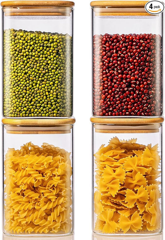 42oz - 4 Pack Square Glass Jars with Bamboo Lids, Glass Food Storage Containers with Airtight Lids for Kitchen, Air Tight Pantry Storage Containers for Cereal, Pasta, Rice, Sugar, Coffee, Spice-Ruum Studio Home