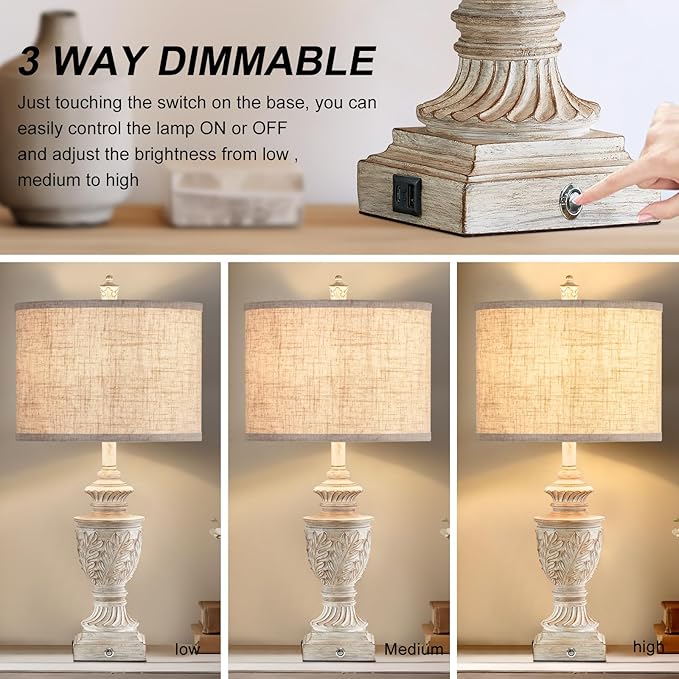 Farmhouse 3-Way Dimmable Touch Table Lamp Set of 2 for Bedroom Living Room with USB A+C Charging Ports 27" Tall Rustic Traditional Nightstand Bedside Lamps White End Table Lamp (2 Bulbs Included)-Ruum Studio Home