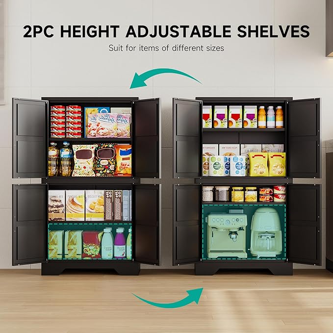 SISESOL Black Storage Cabinet with 4 Doors and 2 Adjustable Shelves,Farmhouse Food Pantry Cabinets,Small Bathroom Cabinet,4 Tier Metal Storage Cabinets for Home Kitchen,Dining/Living/Laundry/Room-Ruum Studio Home